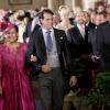 Laurent et Claire de Belgique au mariage du prince Felix de Luxembourg, arrivant au bras de sa mère la grande-duchesse Maria Teresa, le 21 septembre 2013