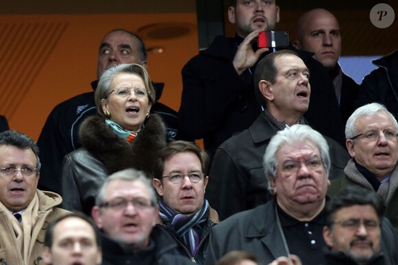 Michèle Alliot-Marie et son compagnon Patrick Ollier lors du match du tournoi des VI Nations entre la France et l'Angleterre au Stade de France à Saint-Denis, le 1er février 2014