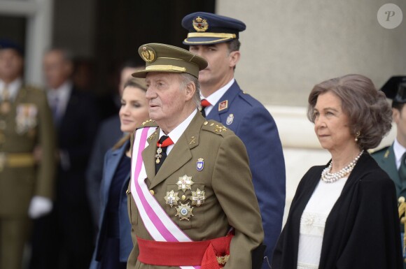 Le roi Juan Carlos Ier d'Espagne avec la reine Sofia, la princesse Letizia et le prince Felipe lors de la Pâque militaire le 6 janvier 2014 à Madrid