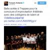 Tweet de François Hollande après sa venue à Trappes (Yvelines) pour un match d'improvisation théâtrale entre deux collèges de la ville lors de la 4e édition du trophée d'Improvisation de la fondation Culture & Diversité, aux côtés du parrain Jamel Debbouze et du président de la fondation, Marc Ladreit de Lacharrière, le 7 février 2014.