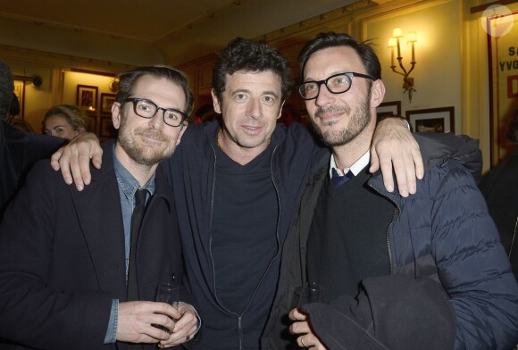 Matthieu Delaporte, Patrick Bruel et Alexandre de La Patellière à la générale de leur pièce "La porte à côté" au Théâtre Édouard VII à Paris, le 10 fevrier 2014.
