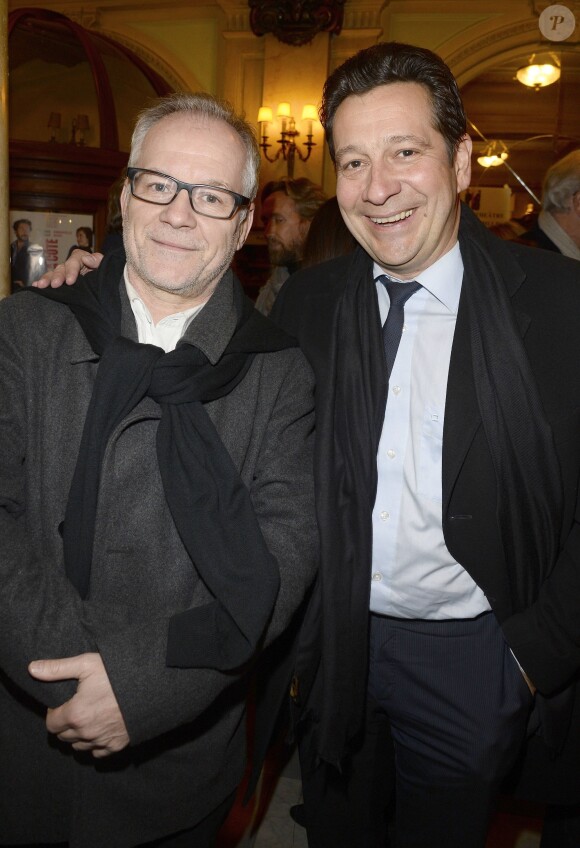 Thierry Frémaux et Laurent Gerra à la générale de leur pièce "La porte à côté" au Théâtre Édouard VII à Paris, le 10 fevrier 2014.
