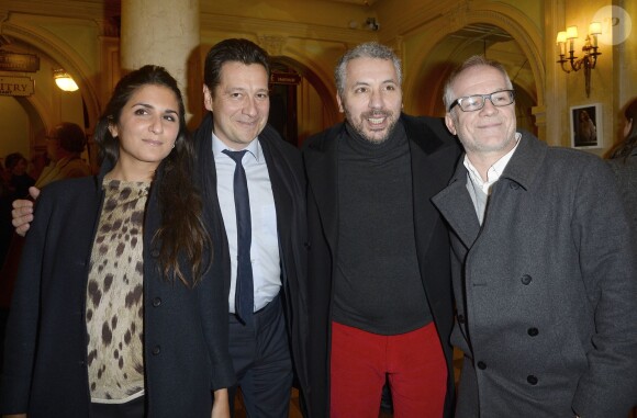 Geraldine Nakache, Laurent Gerra, Atmen Kelif et Thierry Frémaux à la générale de leur pièce "La porte à côté" au Théâtre Édouard VII à Paris, le 10 fevrier 2014.