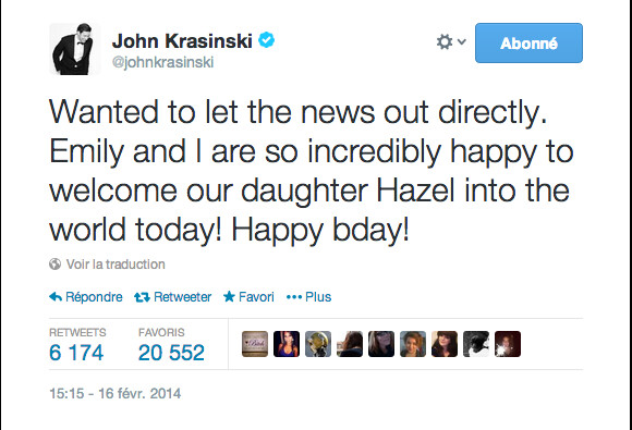 John Krasinski annonce la naissance de son premier enfant avec Emily Blunt sur Twitter le 16 février 2014.