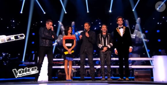 Les coachs et Nikos Aliagas dans The Voice 3, le samedi 22 février 2014 sur TF1