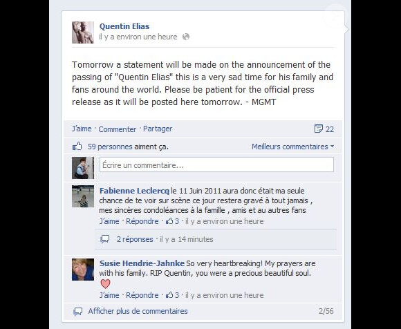 La page Facebook officielle de Quentin Elias a annoncé son décès le 27 février 2014.