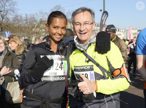Karine le Marchand et Laurent Petitguillaume au départ du semi-marathon de Paris. Le 2 Mars 2014.