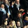 Richard Anconina, Gilles Bouleau et Laurent Delahousse lors du match entre le Paris Saint-Germain et le Bayer Leverkusen, huitième de finale retour de la Ligue des Champions au Parc des Princes à Paris le 12 mars 2014