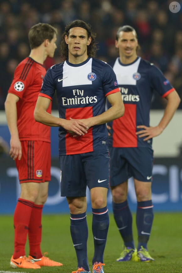 Edinson Cavani et Zlatan Ibrahimovic ors du match entre le Paris Saint-Germain et le Bayer Leverkusen, huitième de finale retour de la Ligue des Champions au Parc des Princes à Paris le 12 mars 2014