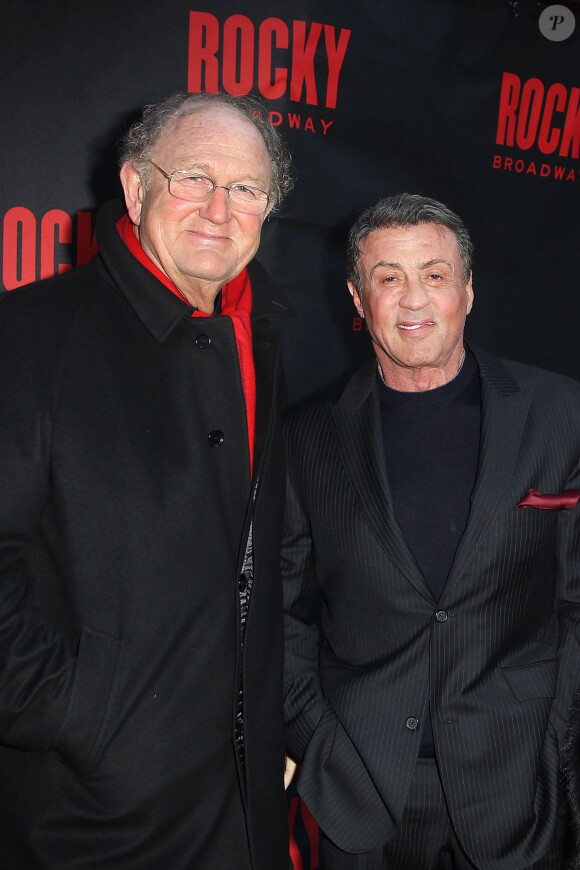 Joop Van Den Ende (producteur) et Sylvester Stallone lors de la première de la comédie musicale "Rocky" à Broadway (New York), le 13 mars 2014.
