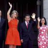 La reine Maxima des Pays-Bas était reçue le 7 mars 2014 à Lima, au Pérou, par le président Ollanta Humala et son épouse Nadine Heredia.