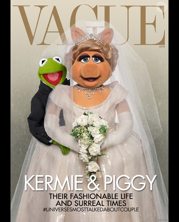 Kermit la grenouille et sa fiancée Miss Piggy, en couverture du (faux) magazine Vague.