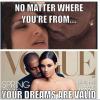 Kim Kardashian, objet d'un "meme" apparu sur Internet après la découverte de sa couverture pour Vogue. Au-dessus, figure une capture de sa sextape avec le chanteur Ray J. Les derniers mots du discours de Lupita Nyong'o aux Oscars décrivent l'image.