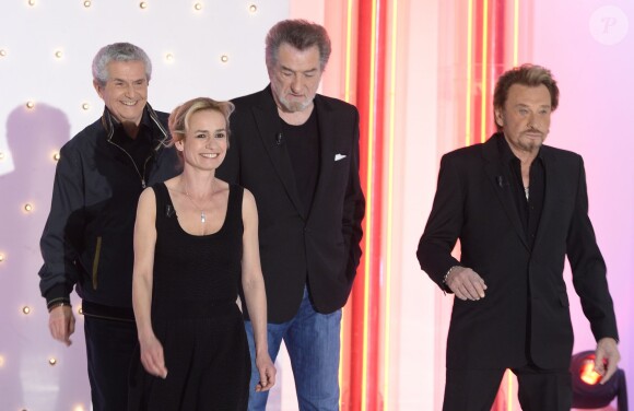 Johnny Hallyday, Eddy Mitchell, Sandrine Bonnaire et Claude Lelouch lors de l'émission  Vivement dimanche diffusée le 16 Mars 2014
