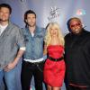 Le jury de The Voice outre-Atlantique : Blake Shelton, Cee Lo Green, Adam Levine et Christina Aguilera. Ici à Los Angeles, le 15 mars 2011.