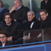 Jean Sarkozy, Jean-Claude Darmon, Nicolas Sarkozy au stade Stamford Bridge à Londres pour le match Chelsea-PSG en Ligue des Champions le 8 avril 2014. 