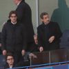 Jean Sarkozy, Jean-Claude Darmon, Nicolas Sarkozy au stade Stamford Bridge à Londres pour le match Chelsea-PSG en Ligue des Champions le 8 avril 2014. 