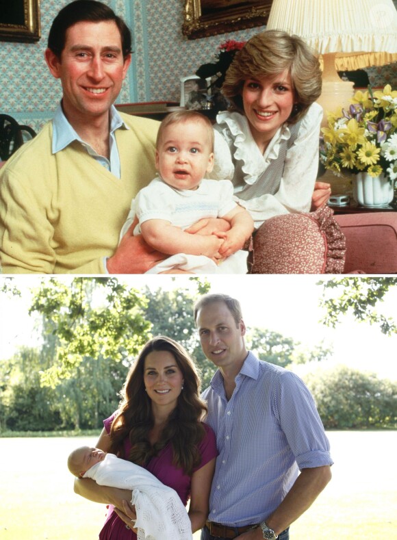 En haut : le prince William en barboteuse avec ses parents le prince Charles et Lady Di en 1983. En bas : le duc et la duchesse de Cambridge avec leur bébé le prince George en août 2013.