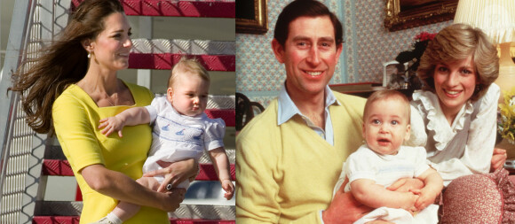 Le prince George, dans les bras de Kate Middleton, le 16 avril 2014 à Sydney / Le prince William, avec ses parents le prince Charles et Lady Di, en mars 1983 à Kensington.