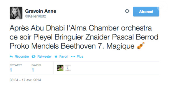 Message d'Anne Gravoin avant son concert à Pleyel le 17 avril 2014. 