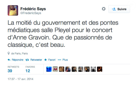 Message de Frédéric Says, journaliste de France Culture, à propos du concert d'Anne Gravoin à la salle Pleyel le 17 avril 2014. 