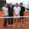 Tatiana Golovin, le prince Albert II de Monaco, Patrick Poivre d'Arvor et Arnaud Boetsch à l'entraînement pour le match en double lors du Tennis Rolex Masters de Monte Carlo à Monaco le 19 avril 2014 