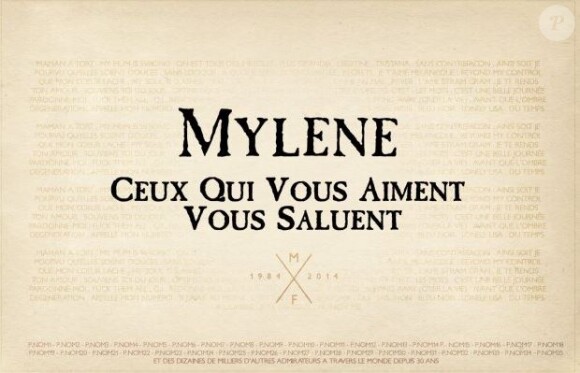 Maquette du visuel diffusé dans Libération à la fin du mois de mars 2014 pour les 30 ans de carrière de Mylène Farmer.
