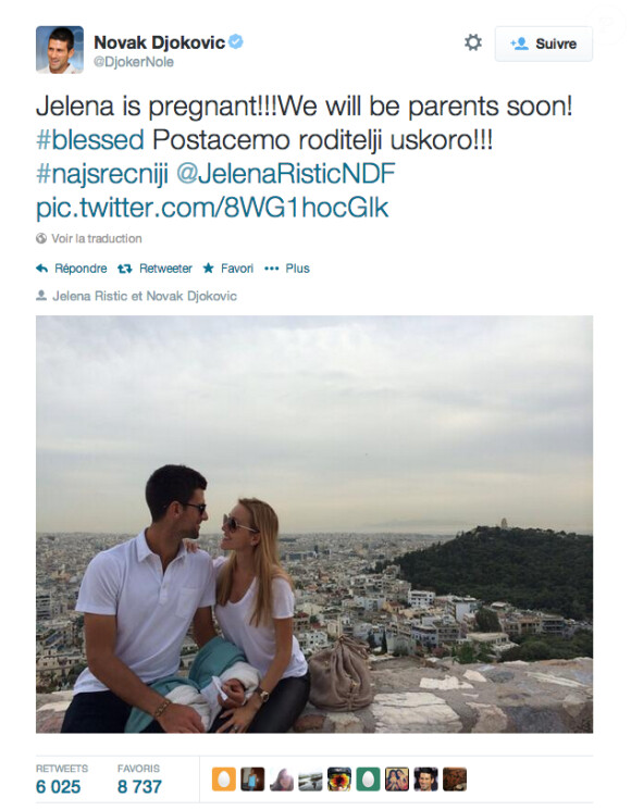 Novak Djokovic annonce qu'il va être papa sur Twitter le 24 avril 2014.