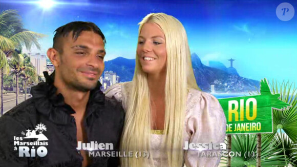 Julien et Jessica, lors de la soirée princes et princesses (Les Marseillais à Rio, épisode 46 diffusé le vendredi 2 mai 2014)