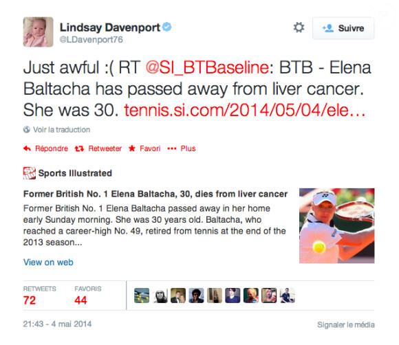 Lindsay Davenport réagit à la mort de Elena Baltacha - mai 2014.