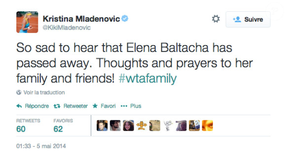 Kristina Mladenovic réagit à la mort de Elena Baltacha - mai 2014.