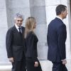 Felipe et Letizia d'Espagne ont témoigné leur amitié et leur soutien à Adolfo Suarez Illana lors des obsèques de son père Adolfo Suarez, le 31 mars 2014 à la cathédrale de la Almudena, à Madrid.