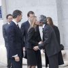 Felipe et Letizia d'Espagne ont témoigné leur amitié et leur soutien à Adolfo Suarez Illana lors des obsèques de son père Adolfo Suarez, le 31 mars 2014 à la cathédrale de la Almudena, à Madrid.