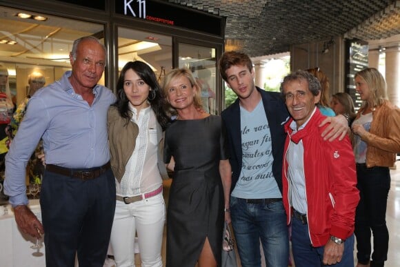 Jean-Jacques Frey, Delphine Prost, Sylvie Frey, Sacha Prost et Alain Prost lors du lancement de la marque 8Js au concept store K11, à Monaco, le 9 mai 2014