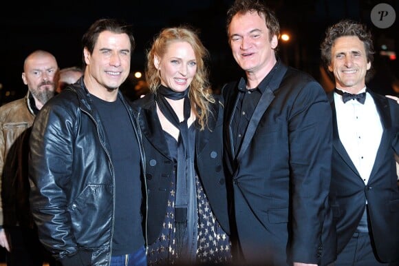John Travolta, Uma Thurman, Quentin Tarantino, Lawrence Bender lors de la projection de Pulp Fiction au Cinéma de la plage durant le Festival de Cannes, 20 ans après sa Palme d'or, le 23 ami 2014