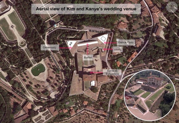 Vue aérienne du Fort Belvedere où a lieu le mariage de Kim Kardashian et Kanye West. Florence, le 24 mai 2014.
