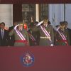Le roi Juan Carlos Ier et le prince Felipe d'Espagne assistaient ensemble à la cérémonie marquantle bicentenaire de l'ordre royal et militaire de San Hermenegildo, le 3 juin 2014 au monastère San Lorenzo de El Escorial à Madrid, au lendemain de l'annonce de l'abdication du roi au profit de son fils.