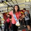 Miss France 2014, Flora Coquerel fait un entraînement de TRX suspension avec Randy Hetrick, chez CMG au Club Waou Bercy à Paris, le 17 juin 2014