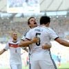 Mats Hummels (R) of Germany celebrates with Thomas Mueller (C) and Benedikt Hoewedes (L) after scoring the 0-1 during the FIFA World Cup 2014 quarter final soccer match between France and Germany at Estadio do Maracana in Rio de Janeiro, Brazil, July 4, 2014. Photo by Marcus Brandt/DPA/ABACAPRESS.COM04/07/2014 - Rio de Janeiro