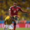 Juan Zuniga au moment où il blesse Neymar lors du match Brésil-Colombie à Fortaleza, le 4 juillet 2014. Victime d'une fracture d'une vertèbre, le joueur brésilien sera écarté des terrains 40 jours et se voit privé du reste de la Coupe du monde. 
