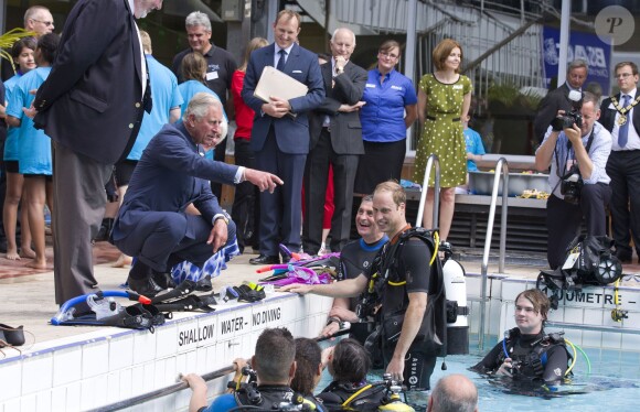 Le prince William, sous les yeux du prince Charles, participe à un entraînement de plongée avec le British Sub-Aqua Club (BSAC) au centre aquatique Oasis Leisure Centre, à Londres, le 9 juillet 2014.