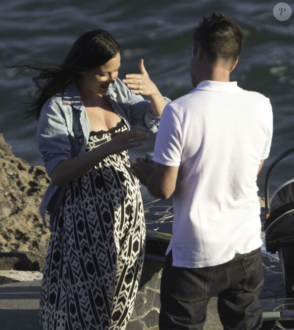 Exclusif - L'acteur David Arquette demande en mariage sa compagne Christina McLarty à Malibu le 2 juillet 2014, en présence de fille Coco et de son jeune fils Charlie.