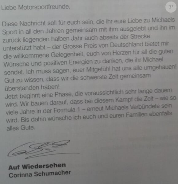 La lettre de Corinna Schumacher adressée aux fans de son époux Michael, publiée dans le programme du Grand Prix d'Allemagne, le 17 juillet 2014