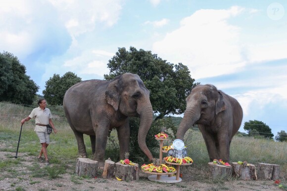 Exclusif - La princesse Stéphanie de Monaco fête le 1er anniversaire de l'arrivée des éléphantes Baby et Népal au domaine de Fontbonne sur la commune de Peille, le 12 juillet 2014.