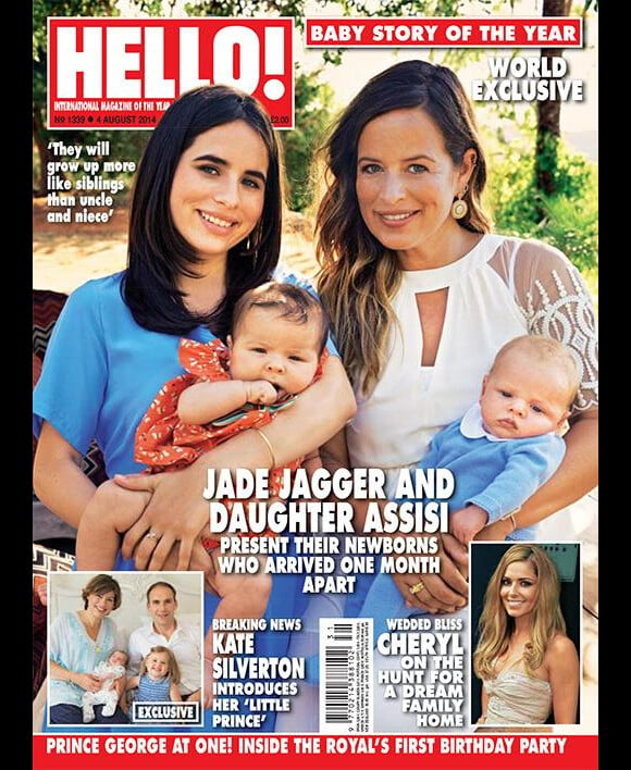 Jade Jagger et sa fille Assisi posent en couverture du magazine "Hello"(daté d'août 2014) avec leurs bambins respectifs, nés à quatre semaines d'écart.
