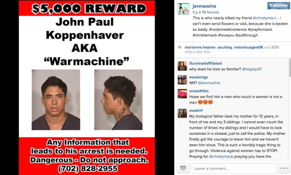 Jenna Jameson a apporté via Instagram son soutien à son amie Christy Mack et invité à aider la police à retrouver War Machine après qu'il a frappé la pornstar de 23 ans, dans le nuit du 7 au 8 août 2014