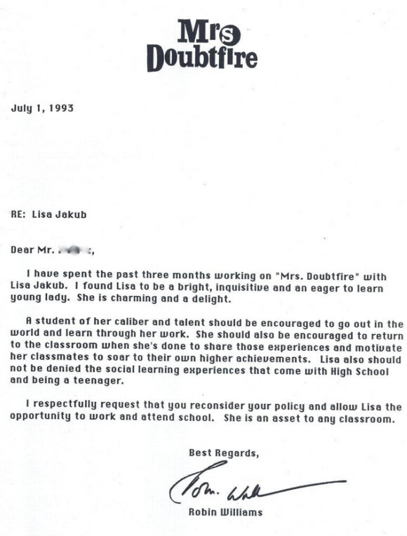 La lettre que Robin Williams avait envoyé au collège de sa jeune partenaire de Mme Doubtfire, Lisa Jakub, pour qu'elle ne soit pas expulsée - 1993
