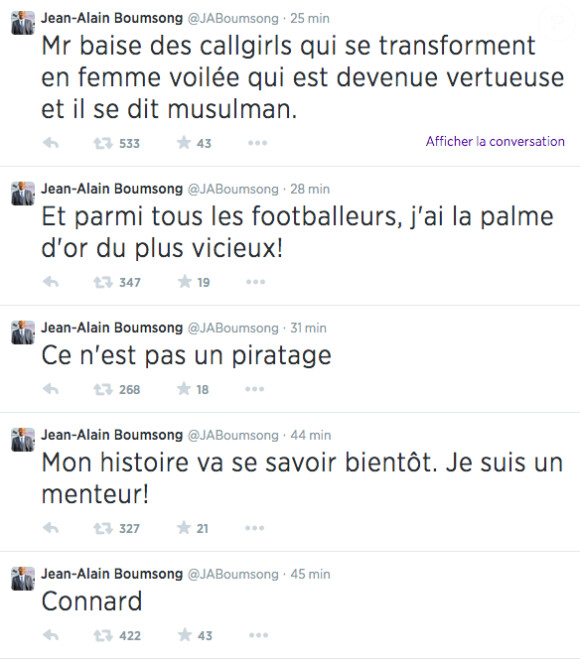 Jean-Alain Boumsong victime d'un piratage sur Twitter le 28 août 2014. 