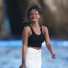 Rihanna en vacances en Méditerrannée, a posé le pied à Antibes et dîné au restaurant de l'hôtel Cap-Eden-Roc. Le 3 septembre 2014.