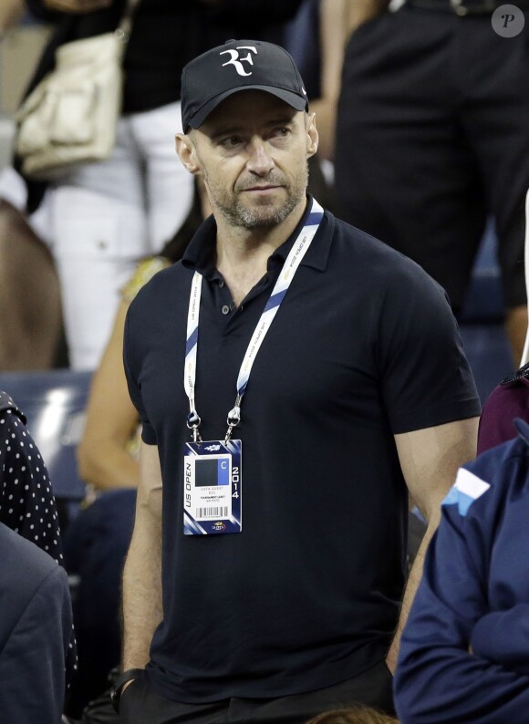 Hugh Jackman lors du quart de finale entre Gaël Monfils et Roger Federer à l'US Open, à l'USTA Billie Jean King National Tennis Center de New York, le 4 septembre 2014